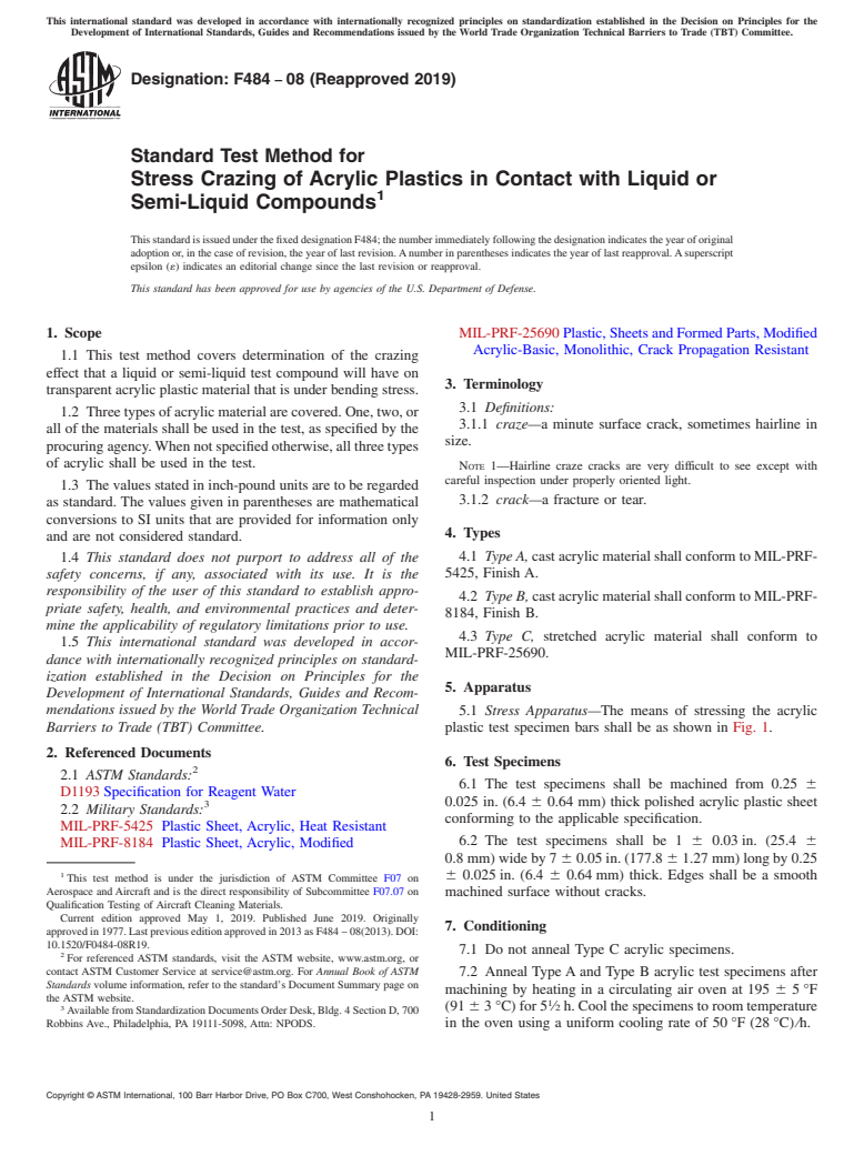 ASTM F484-08(2019) - Standard Test Method for  Stress Crazing of Acrylic Plastics in Contact with Liquid or  Semi-Liquid Compounds