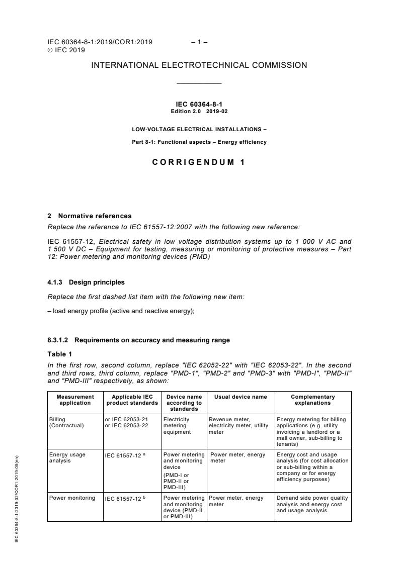 IEC 60364-8-1:2019/COR1:2019 - Corrigendum 1 - Low-voltage electrical installations - Part 8-1: Functional aspects - Energy efficiency
Released:5/20/2019