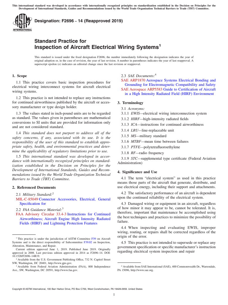 ASTM F2696-14(2019) - Standard Practice for Inspection of Aircraft Electrical Wiring Systems