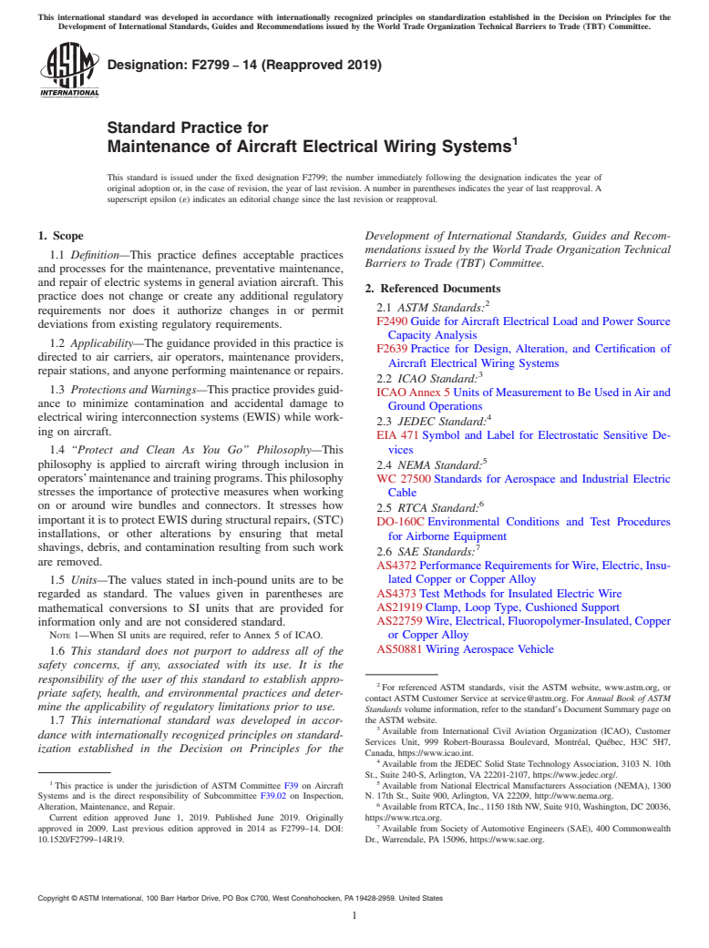 ASTM F2799-14(2019) - Standard Practice for Maintenance of Aircraft Electrical Wiring Systems