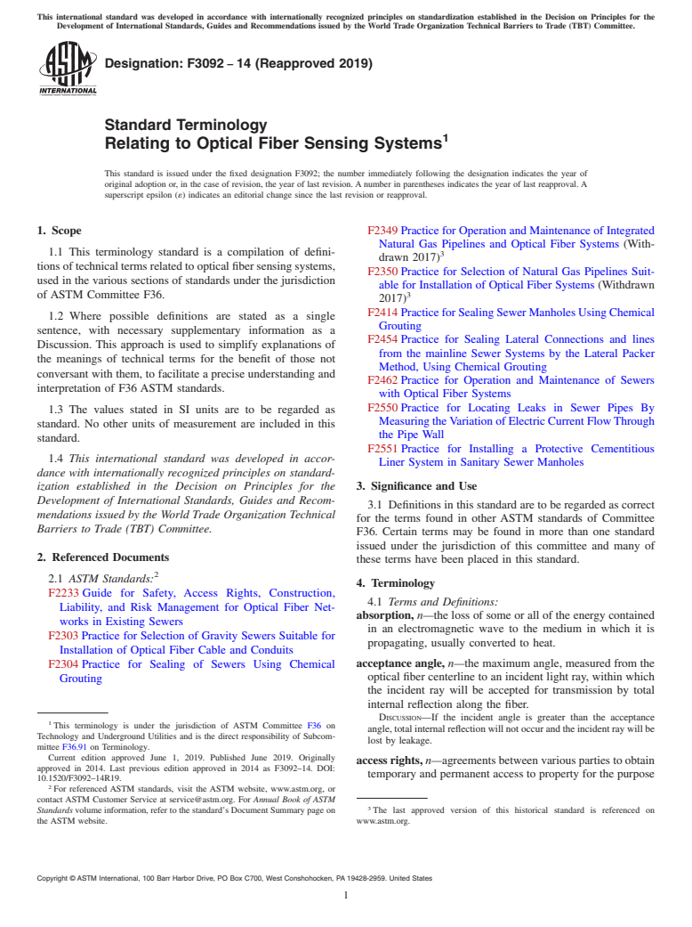ASTM F3092-14(2019) - Standard Terminology Relating to Optical Fiber Sensing Systems
