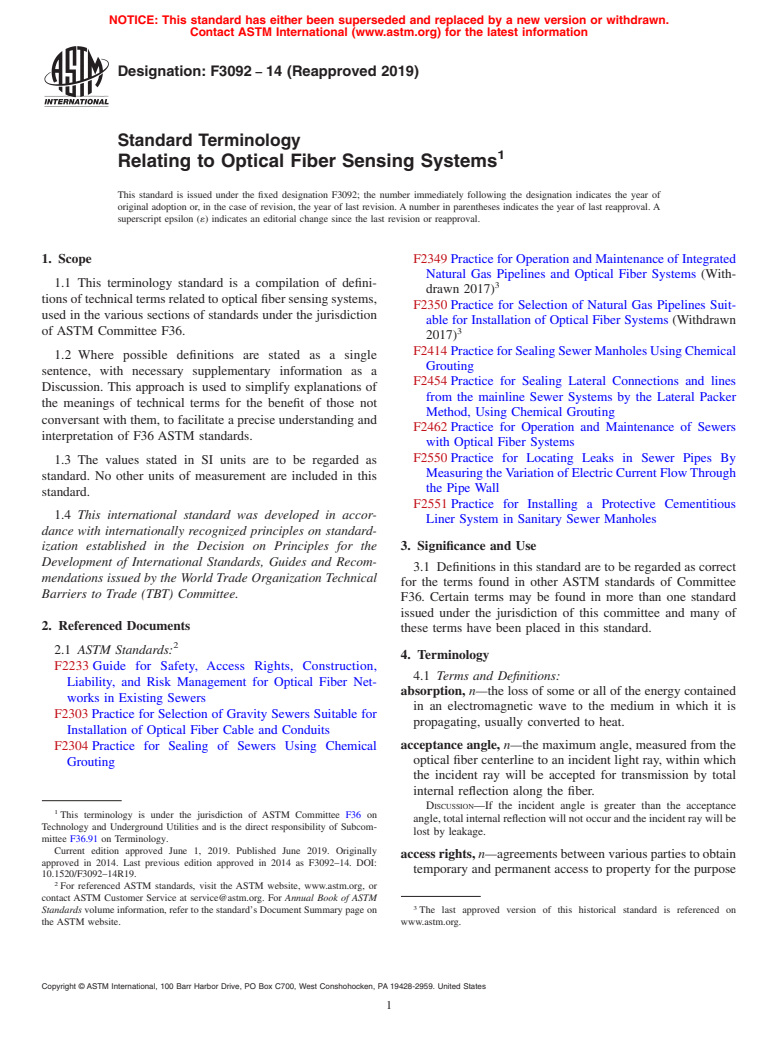 ASTM F3092-14(2019) - Standard Terminology Relating to Optical Fiber Sensing Systems