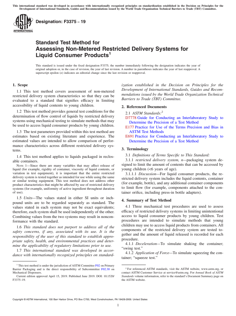 ASTM F3375-19 - Standard Test Method for Assessing Non-Metered Restricted Delivery Systems for Liquid  Consumer Products
