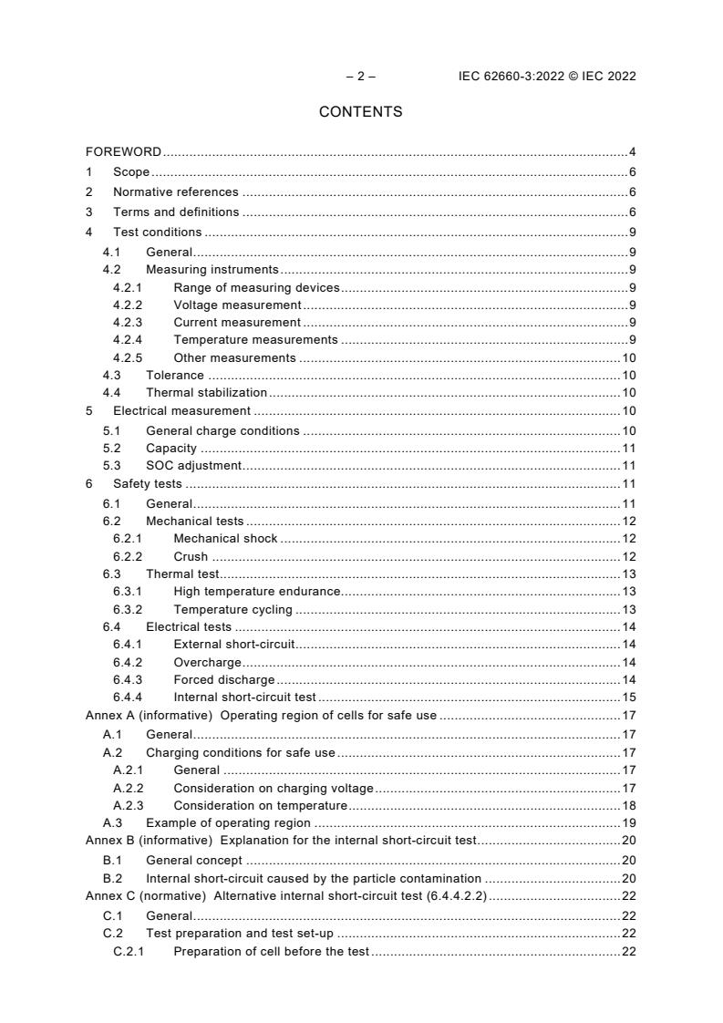 IEC 62660-3:2022 IEC 62660-3:2022 - Secondary lithium-ion cells for the propulsion of electric road vehicles - Part 3: Safety requirements - Page 4 preview