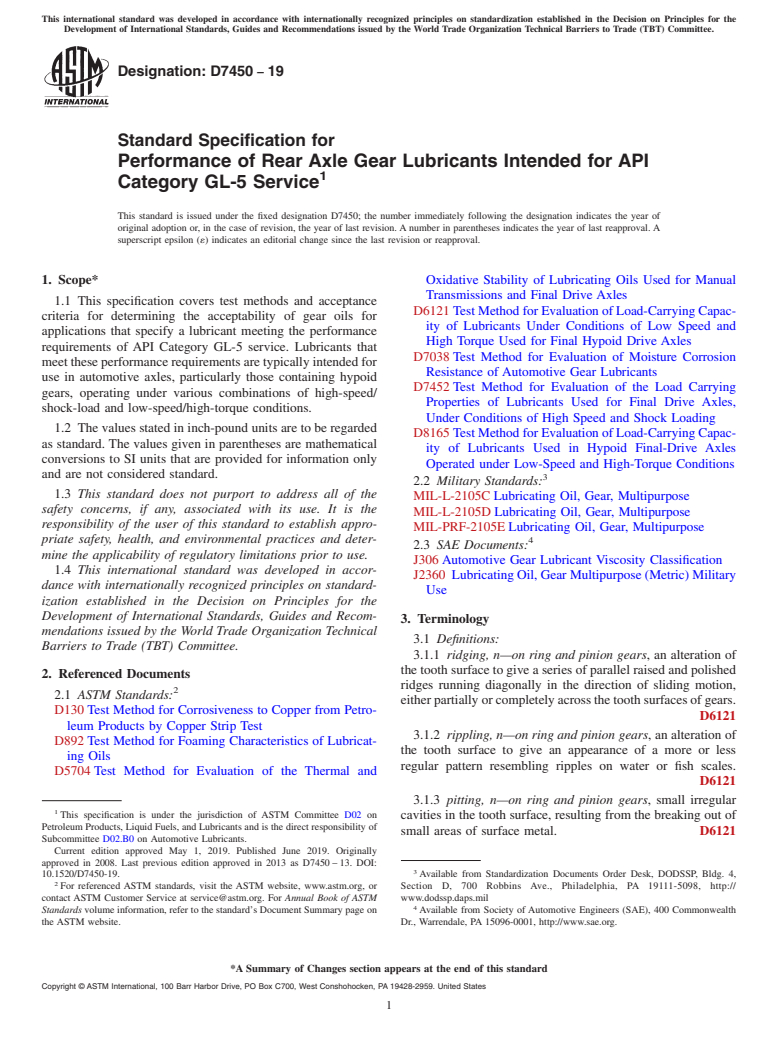 ASTM D7450-19 - Standard Specification for Performance of Rear Axle Gear Lubricants Intended for API Category  GL-5 Service