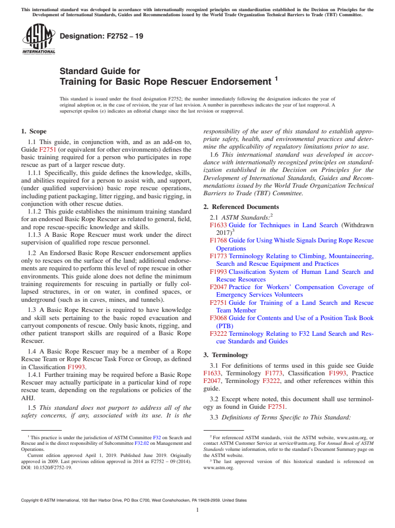 ASTM F2752-19 - Standard Guide for  Training for Basic Rope Rescuer Endorsement