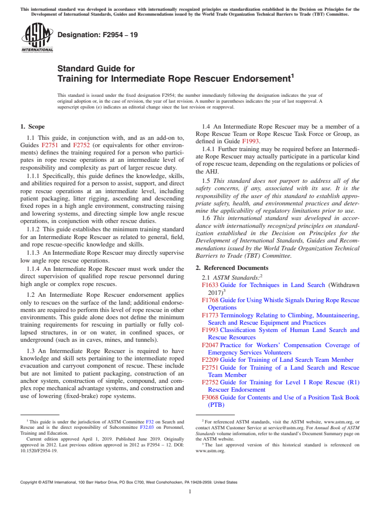 ASTM F2954-19 - Standard Guide for Training for Intermediate Rope Rescuer Endorsement