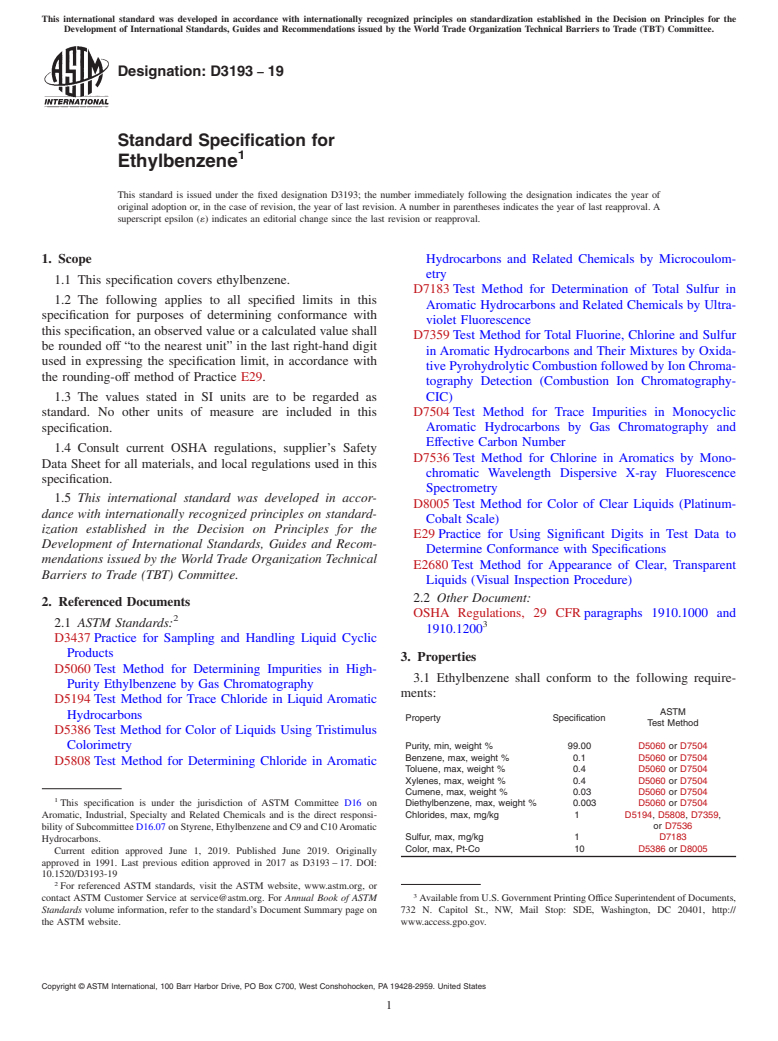 ASTM D3193-19 - Standard Specification for Ethylbenzene