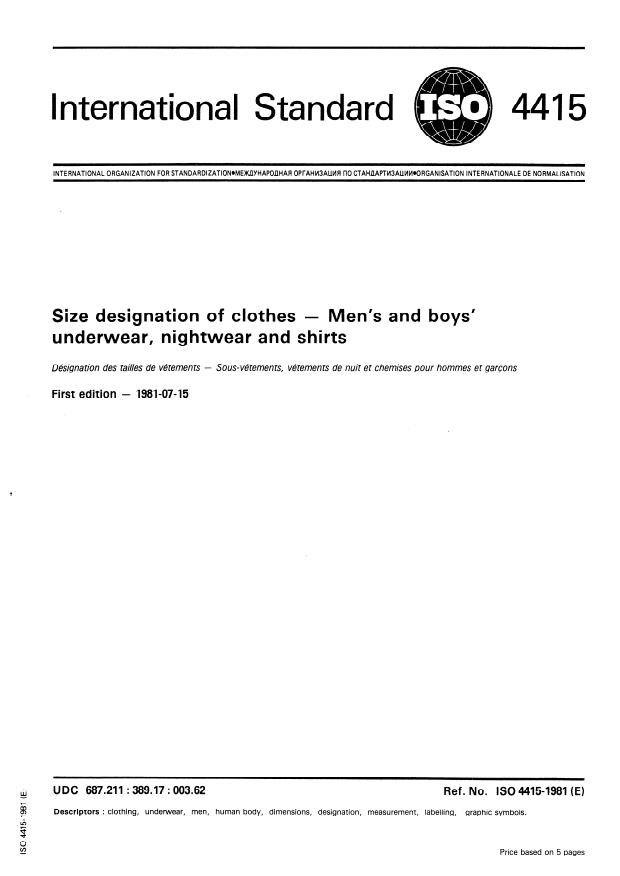 ISO 4415:1981 - Size designation of clothes -- Men's and boys' underwear, nightwear and shirts