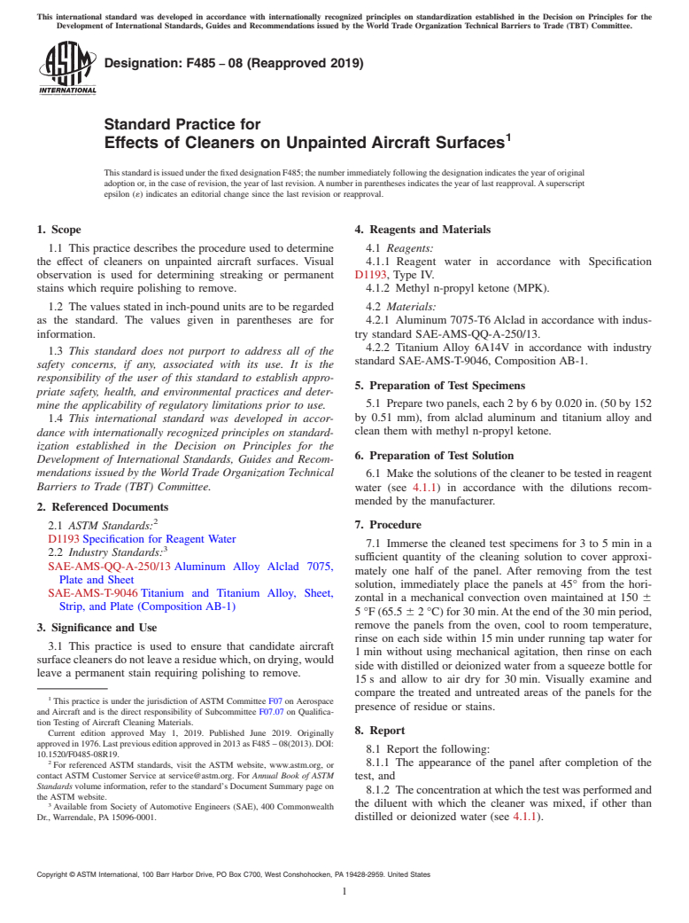 ASTM F485-08(2019) - Standard Practice for Effects of Cleaners on Unpainted Aircraft Surfaces