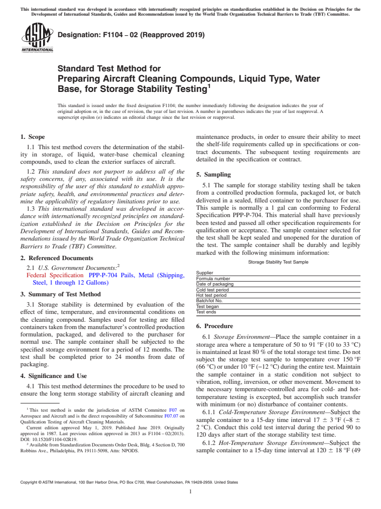 ASTM F1104-02(2019) - Standard Test Method for  Preparing Aircraft Cleaning Compounds, Liquid Type, Water Base,  for Storage Stability Testing
