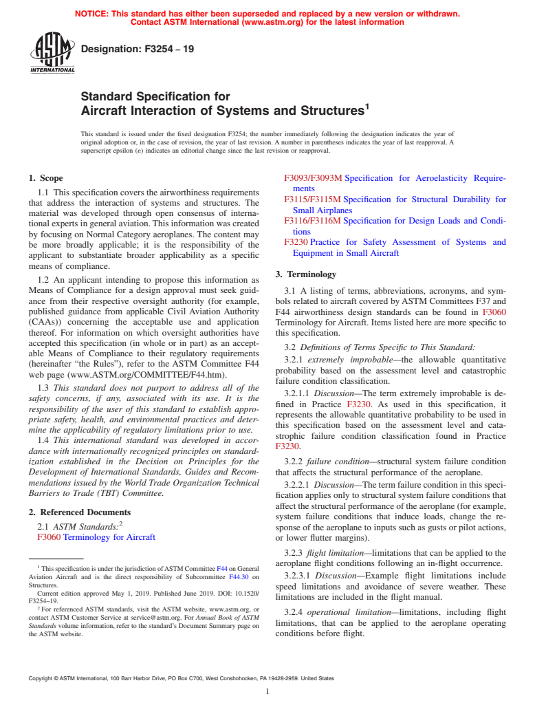 ASTM F3254-19 - Standard Specification for Aircraft Interaction of Systems and Structures