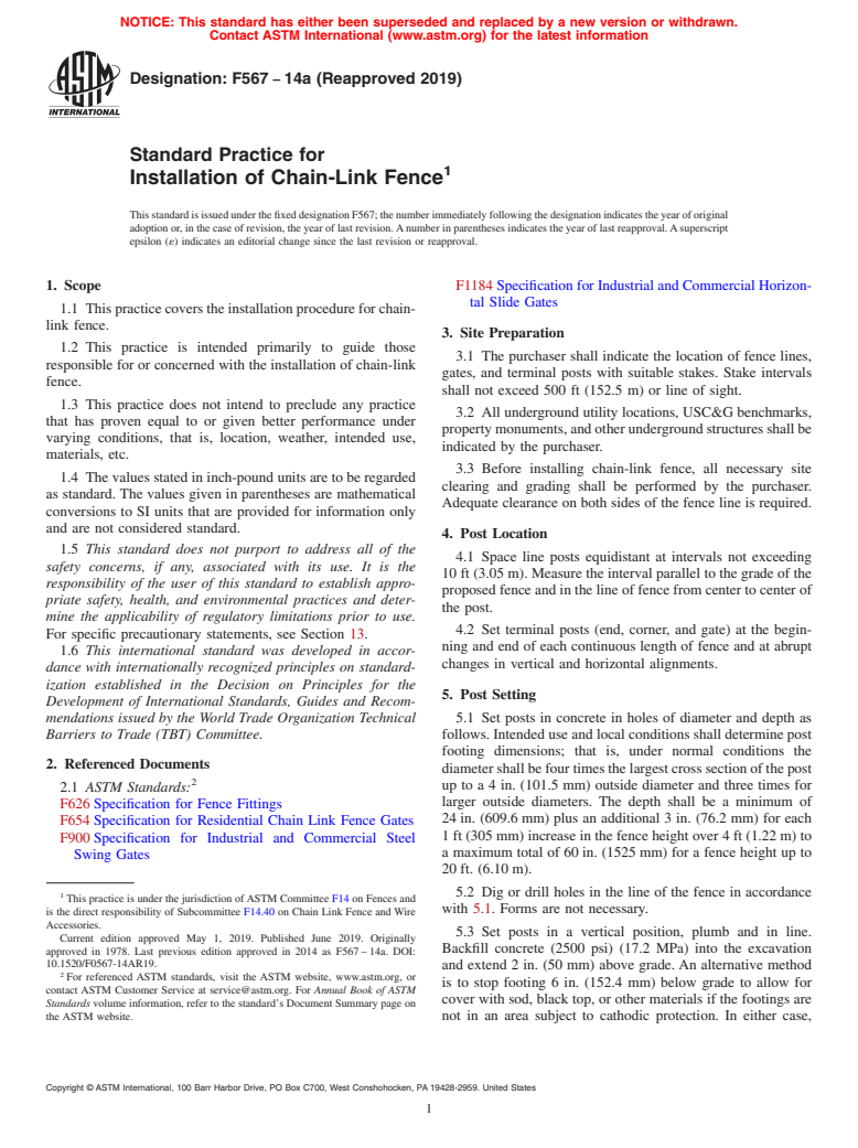 ASTM F567-14a(2019) - Standard Practice for  Installation of Chain-Link Fence