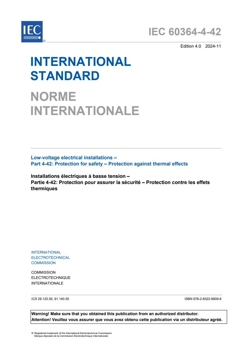 IEC 60364-4-42:2024 - Low-voltage electrical installations - Part 4-42: Protection for safety - Protection against thermal effects
Released:22. 11. 2024
Isbn:9782832299098