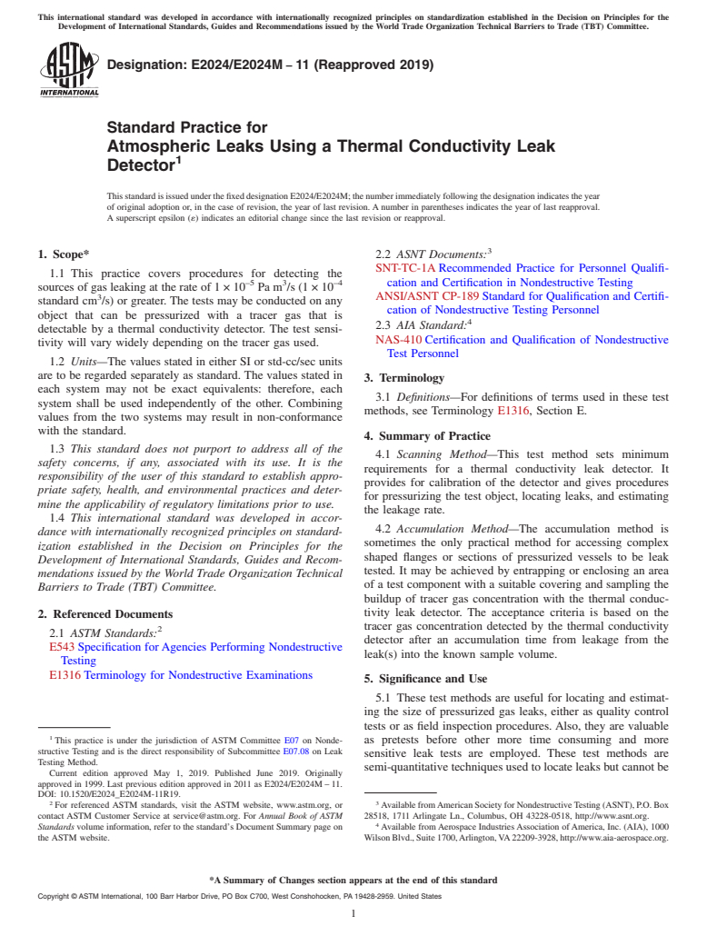 ASTM E2024/E2024M-11(2019) - Standard Practice for  Atmospheric Leaks Using a Thermal Conductivity Leak Detector