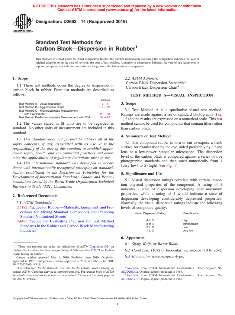 ASTM D2663-14(2019) - Standard Test Methods for  Carbon Black&#x2014;Dispersion in Rubber