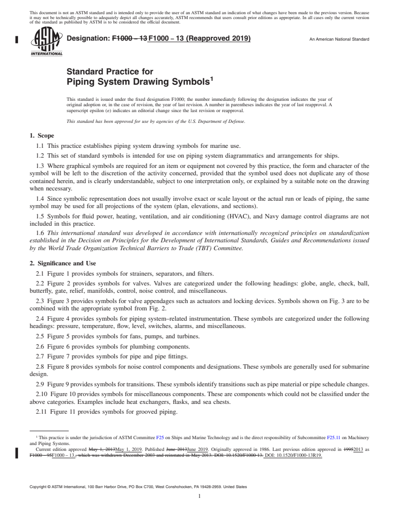 REDLINE ASTM F1000-13(2019) - Standard Practice for Piping System Drawing Symbols