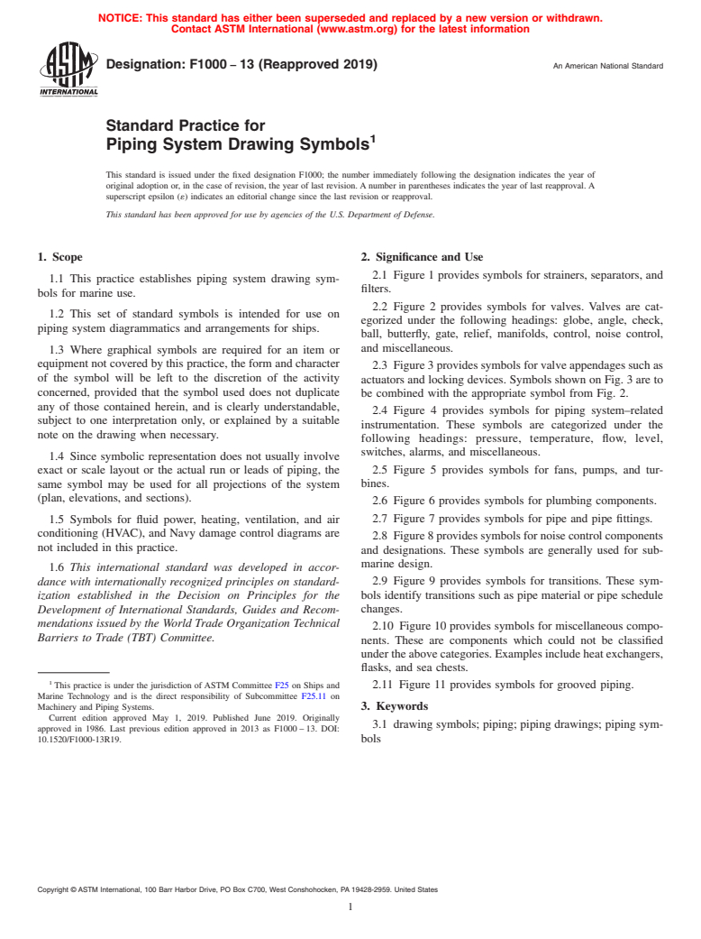 ASTM F1000-13(2019) - Standard Practice for Piping System Drawing Symbols