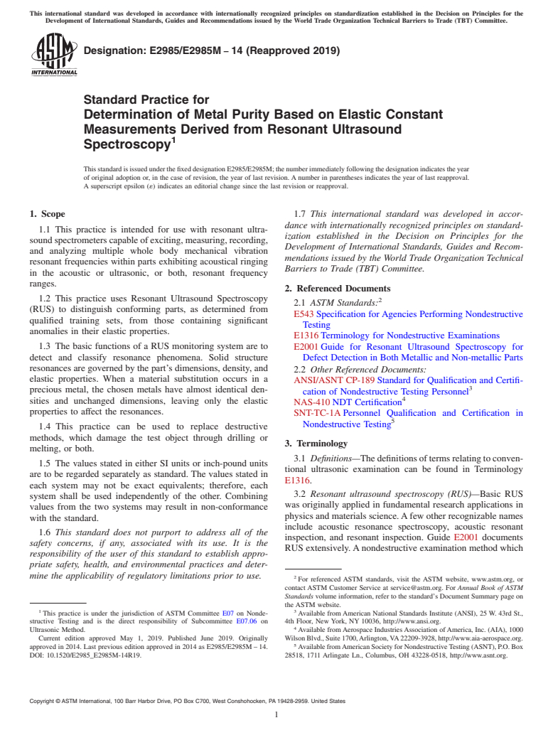 ASTM E2985/E2985M-14(2019) - Standard Practice for Determination of Metal Purity Based on Elastic Constant Measurements  Derived from Resonant Ultrasound Spectroscopy