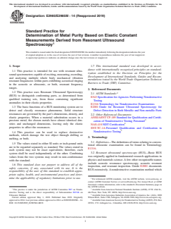 ASTM E2985/E2985M-14(2019) ASTM E2985/E2985M-14(2019) - Standard Practice for Determination of Metal Purity Based on Elastic Constant Measurements Derived from Resonant Ultrasound Spectroscopy - Page 1 preview