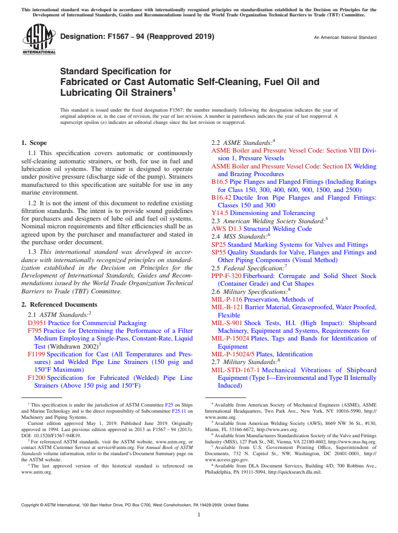 ASTM F1567-94(2019) - Standard Specification for  Fabricated or Cast Automatic Self-Cleaning, Fuel Oil and Lubricating  Oil Strainers