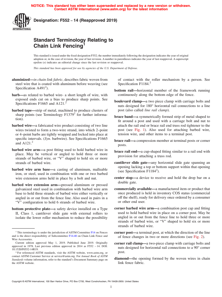 ASTM F552-14(2019) - Standard Terminology Relating to  Chain Link Fencing