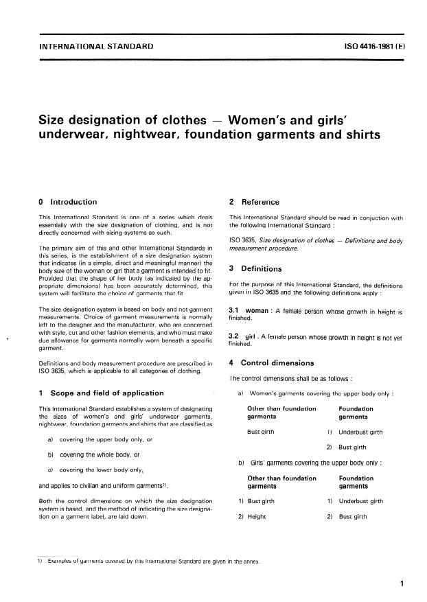 ISO 4416:1981 - Size designation of clothes -- Women's and girls' underwear, nightwear, foundation garments and shirts