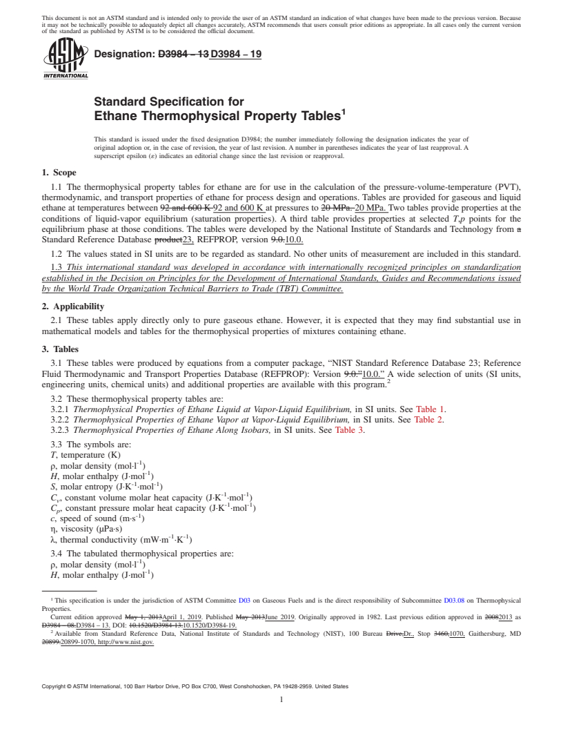 REDLINE ASTM D3984-19 - Standard Specification for  Ethane Thermophysical Property Tables