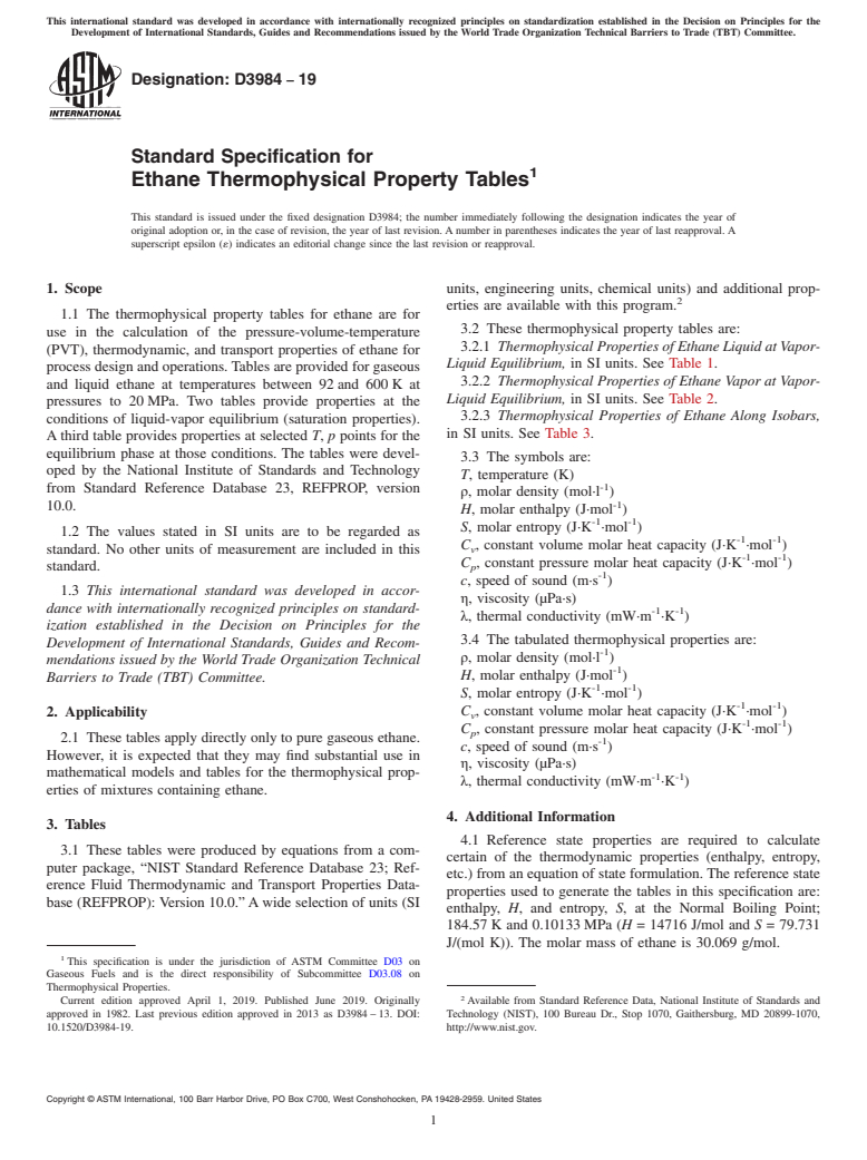 ASTM D3984-19 - Standard Specification for  Ethane Thermophysical Property Tables