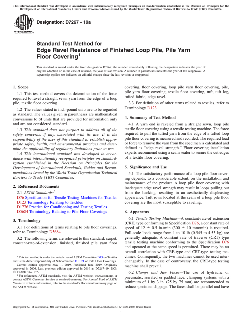 ASTM D7267-19a - Standard Test Method for  Edge Ravel Resistance of Finished Loop Pile, Pile Yarn Floor  Covering