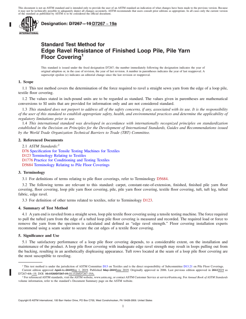 REDLINE ASTM D7267-19a - Standard Test Method for  Edge Ravel Resistance of Finished Loop Pile, Pile Yarn Floor  Covering