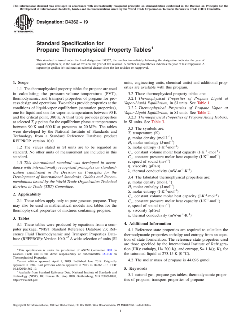 ASTM D4362-19 - Standard Specification for  Propane Thermophysical Property Tables