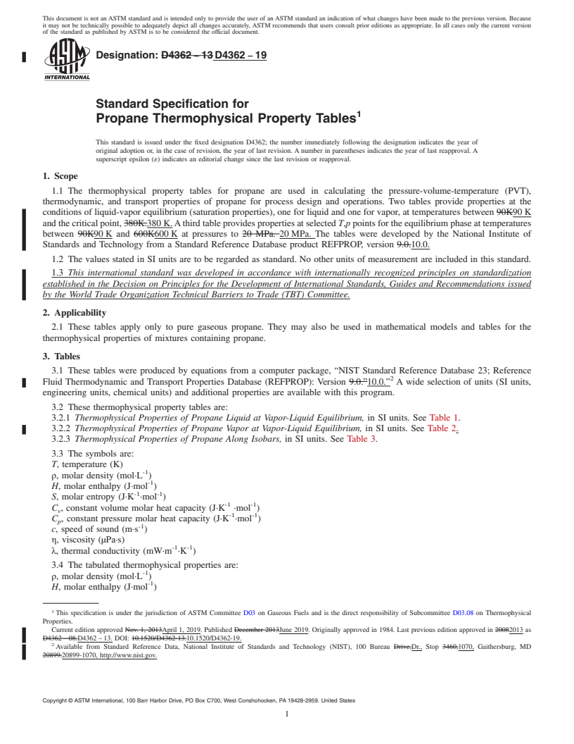 REDLINE ASTM D4362-19 - Standard Specification for  Propane Thermophysical Property Tables