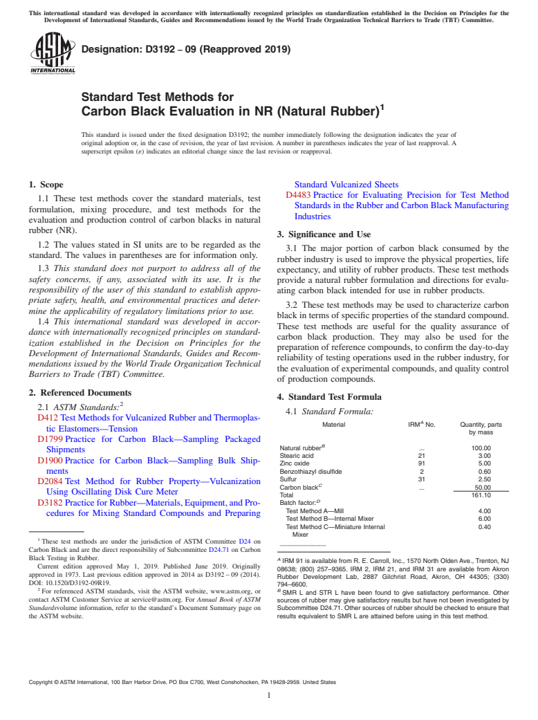 ASTM D3192-09(2019) - Standard Test Methods for Carbon Black Evaluation in NR (Natural Rubber)