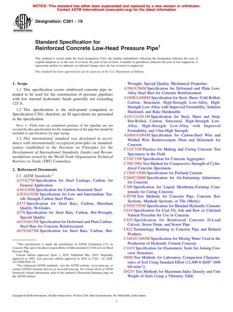 ASTM C361-19 - Standard Specification for Reinforced Concrete Low-Head Pressure Pipe