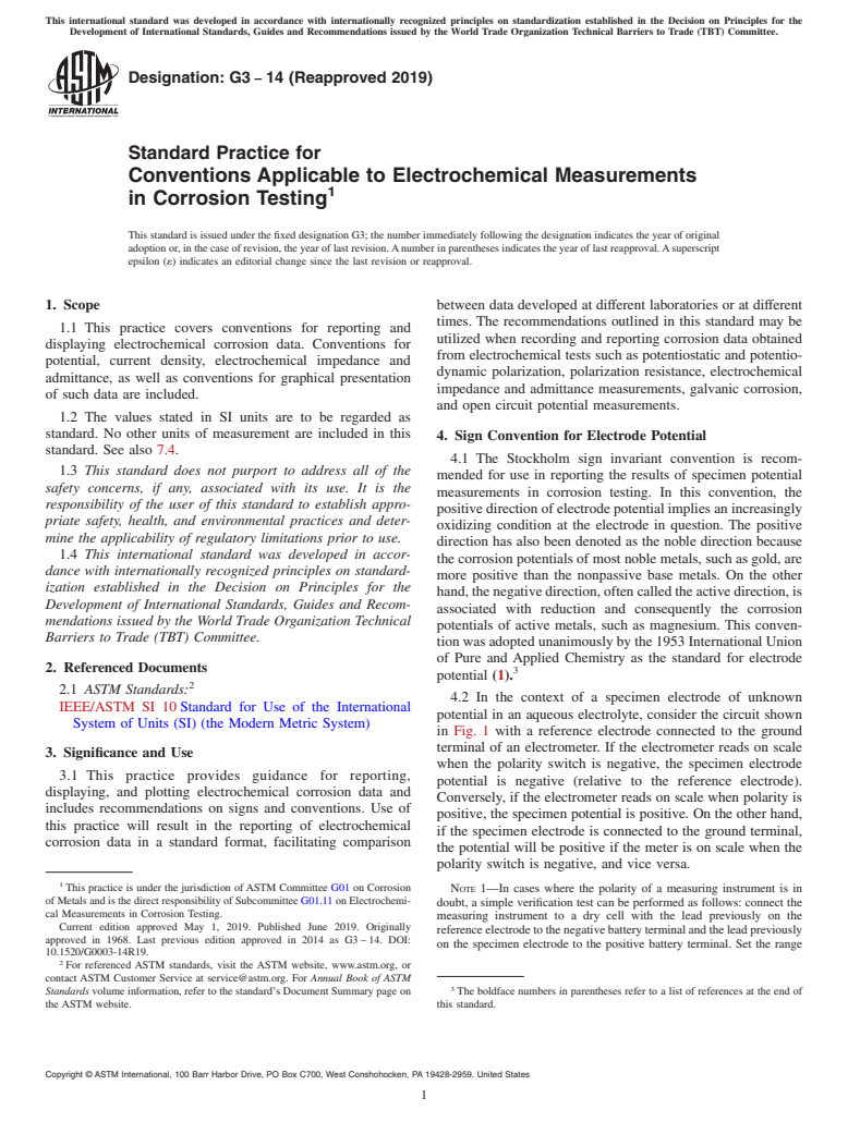 ASTM G3-14(2019) - Standard Practice for Conventions Applicable to Electrochemical Measurements in Corrosion  Testing