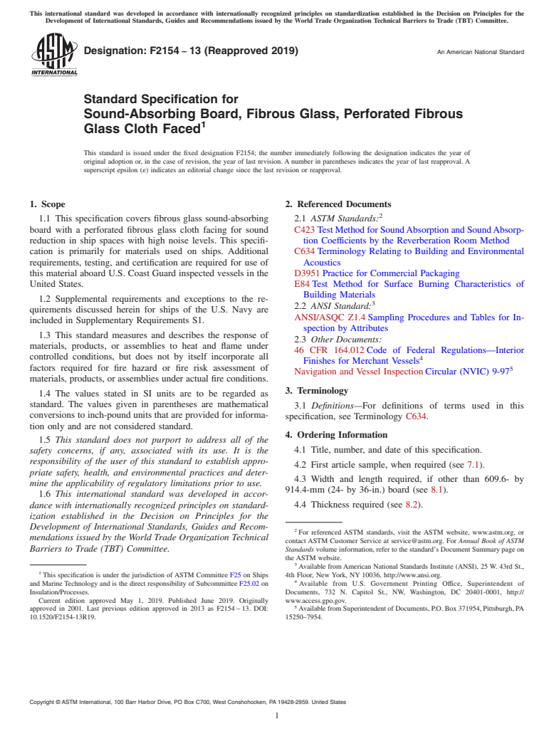 ASTM F2154-13(2019) - Standard Specification for  Sound-Absorbing Board, Fibrous Glass, Perforated Fibrous Glass  Cloth Faced