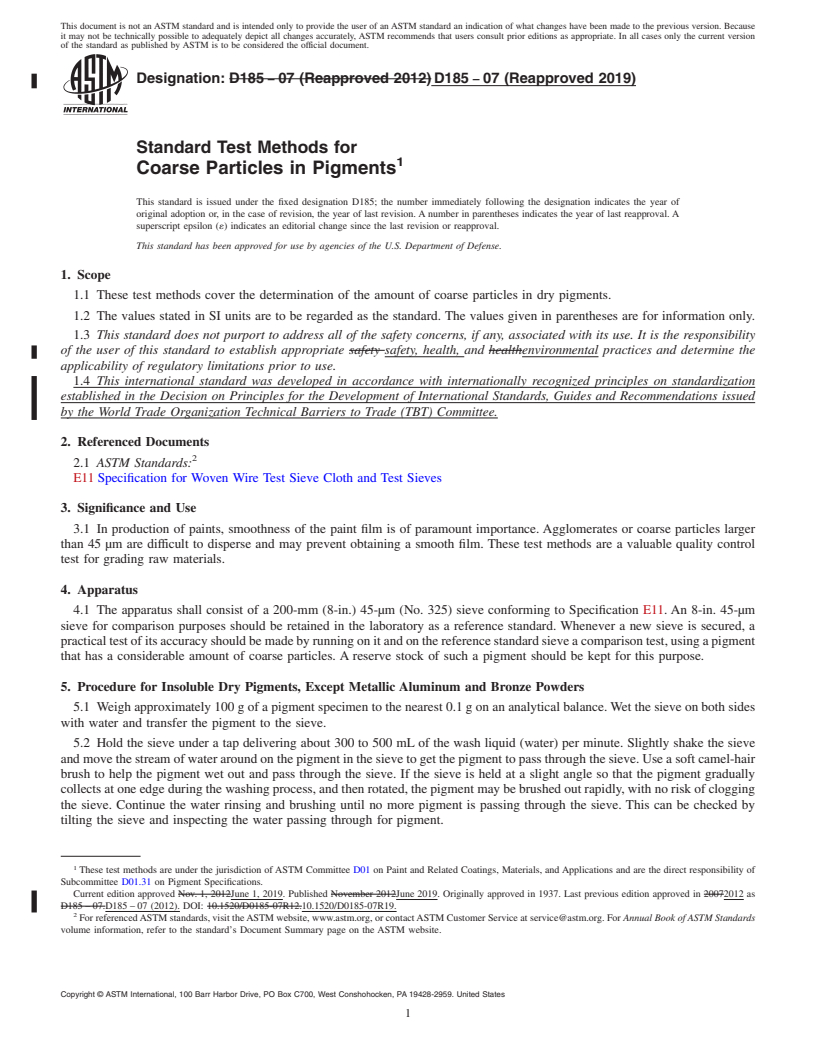 REDLINE ASTM D185-07(2019) - Standard Test Methods for  Coarse Particles in Pigments