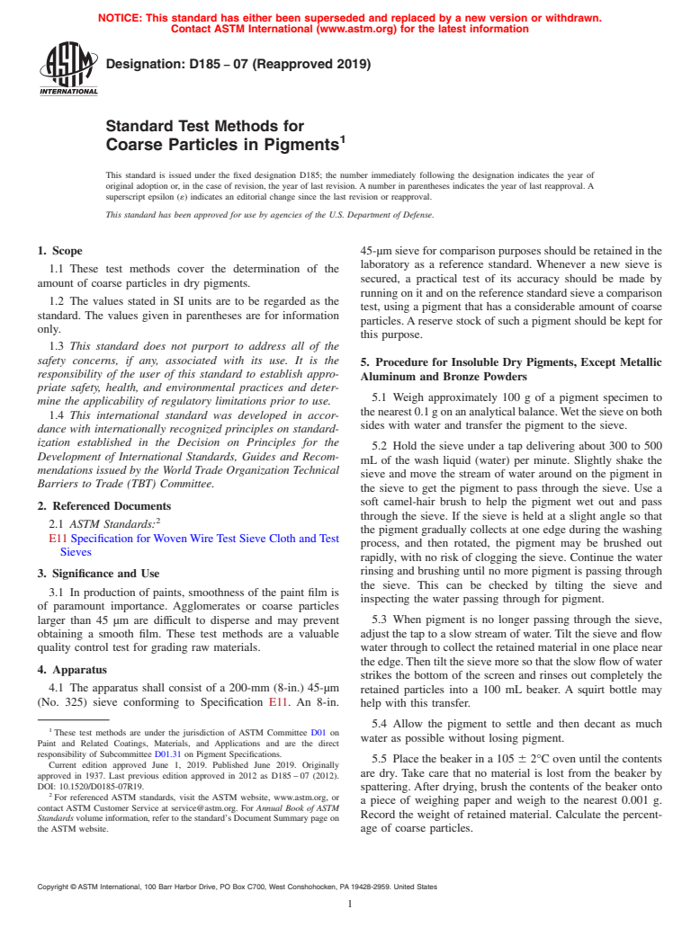 ASTM D185-07(2019) - Standard Test Methods for  Coarse Particles in Pigments