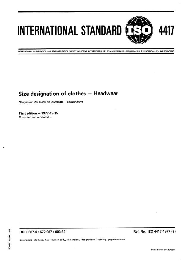 ISO 4417:1977 - Size designation of clothes -- Headwear