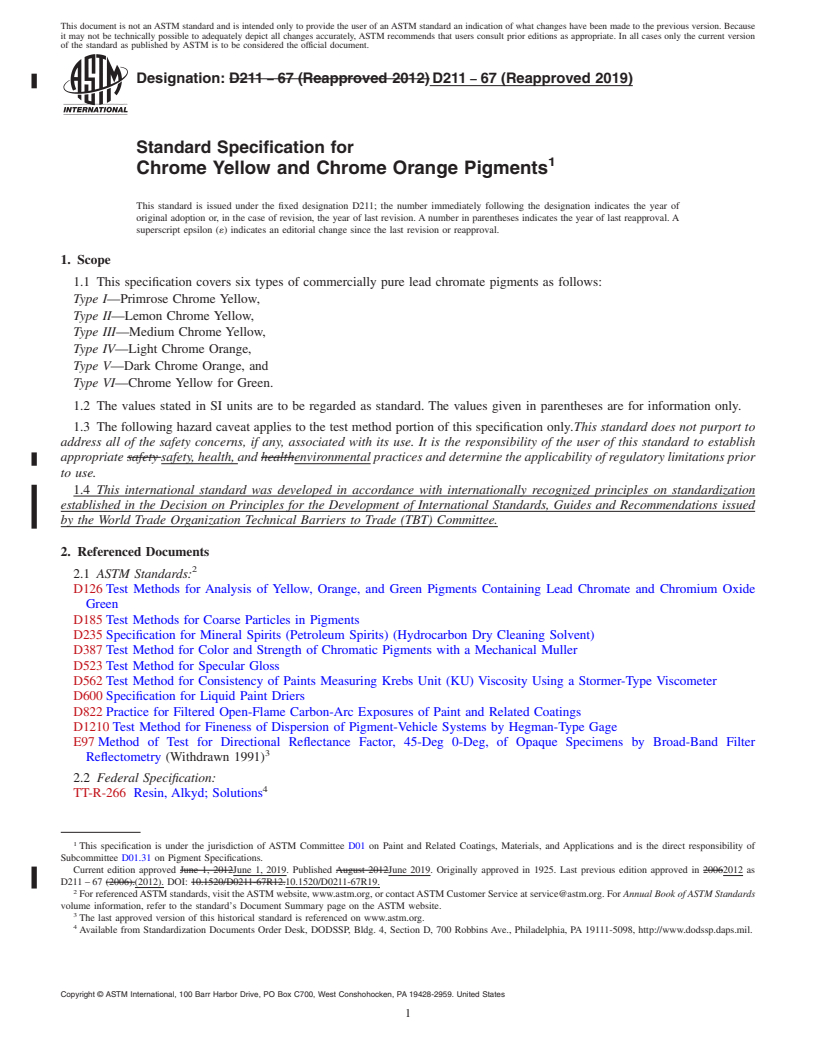 REDLINE ASTM D211-67(2019) - Standard Specification for  Chrome Yellow and Chrome Orange Pigments