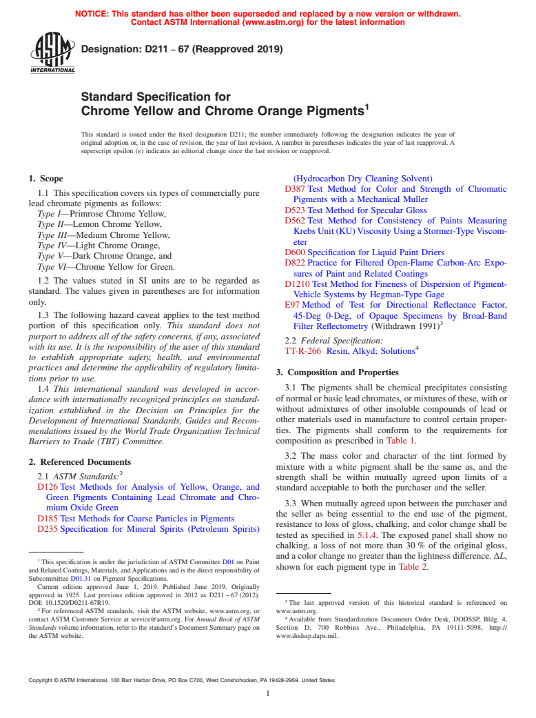 ASTM D211-67(2019) - Standard Specification for  Chrome Yellow and Chrome Orange Pigments