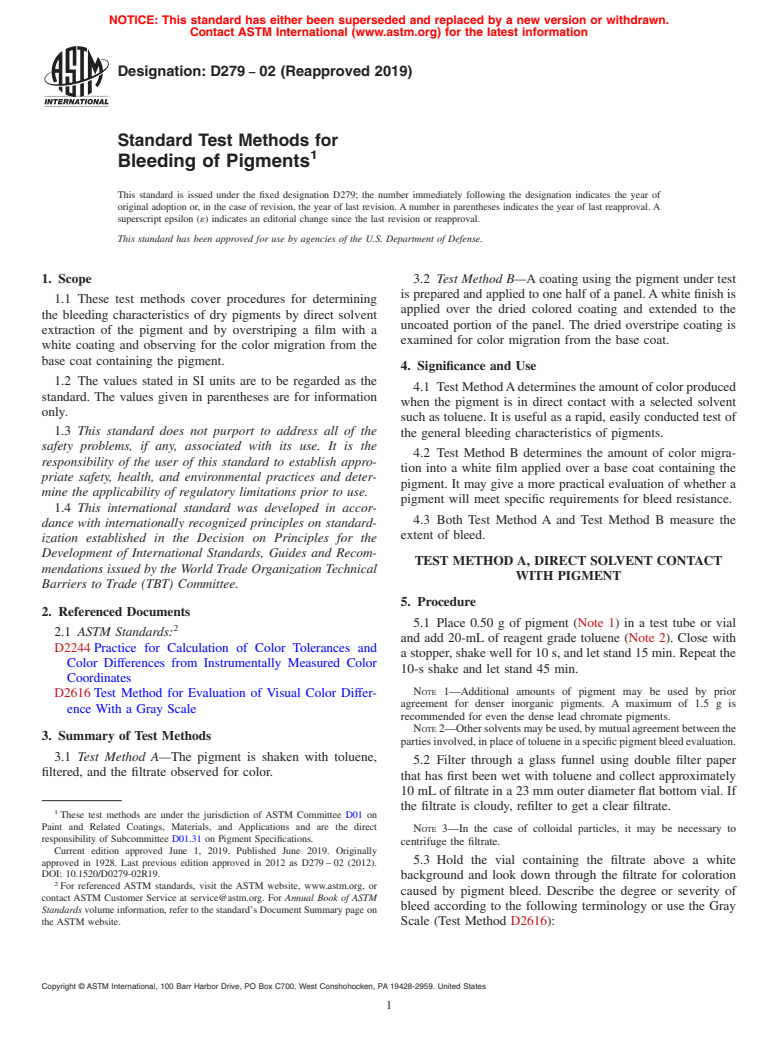 ASTM D279-02(2019) - Standard Test Methods for  Bleeding of Pigments