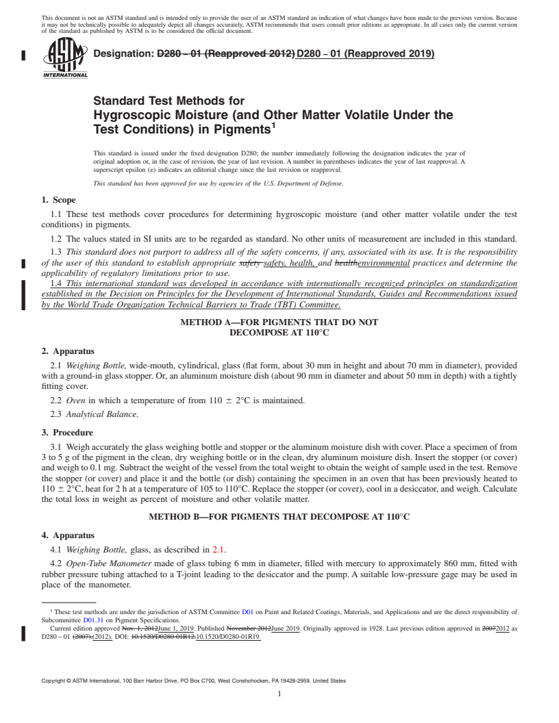 REDLINE ASTM D280-01(2019) - Standard Test Methods for  Hygroscopic Moisture (and Other Matter Volatile Under the Test   Conditions) in Pigments