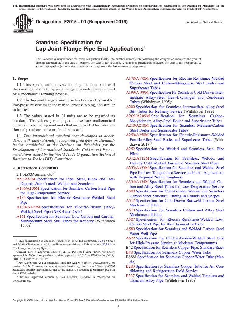 ASTM F2015-00(2019) - Standard Specification for  Lap Joint Flange Pipe End Applications