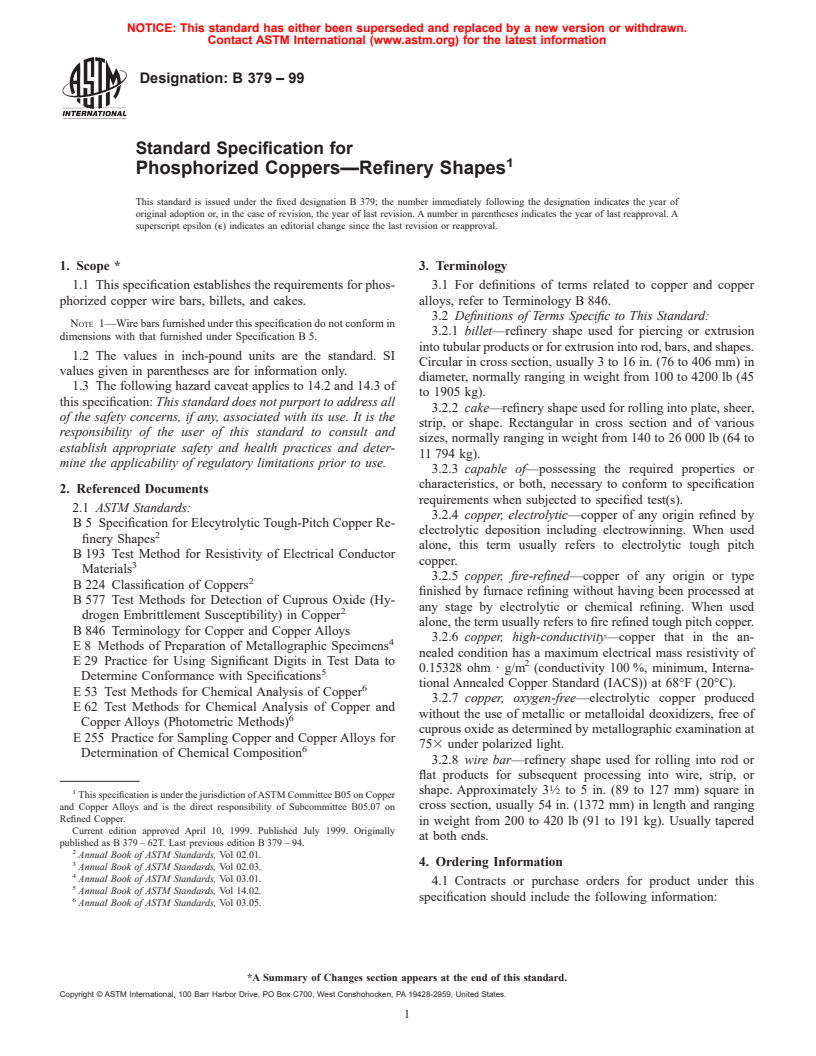 ASTM B379-99 - Standard Specification for Phosphorized Coppers-Refinery Shapes