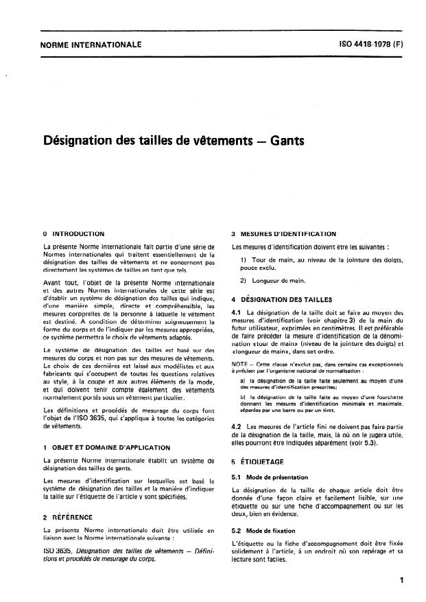 ISO 4418:1978 - Désignation des tailles de vetements -- Gants