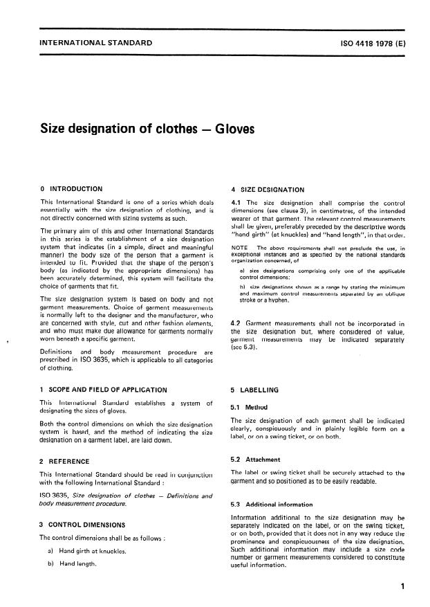 ISO 4418:1978 - Size designation of clothes -- Gloves