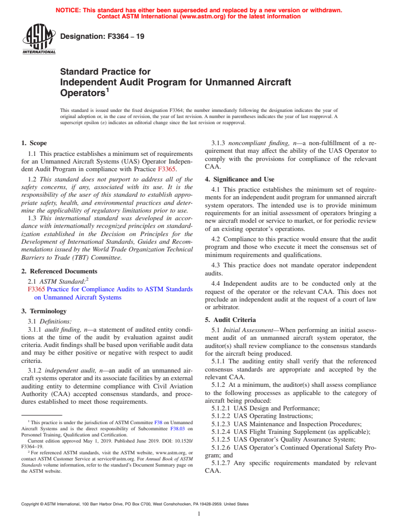 ASTM F3364-19 - Standard Practice for Independent Audit Program for Unmanned Aircraft Operators