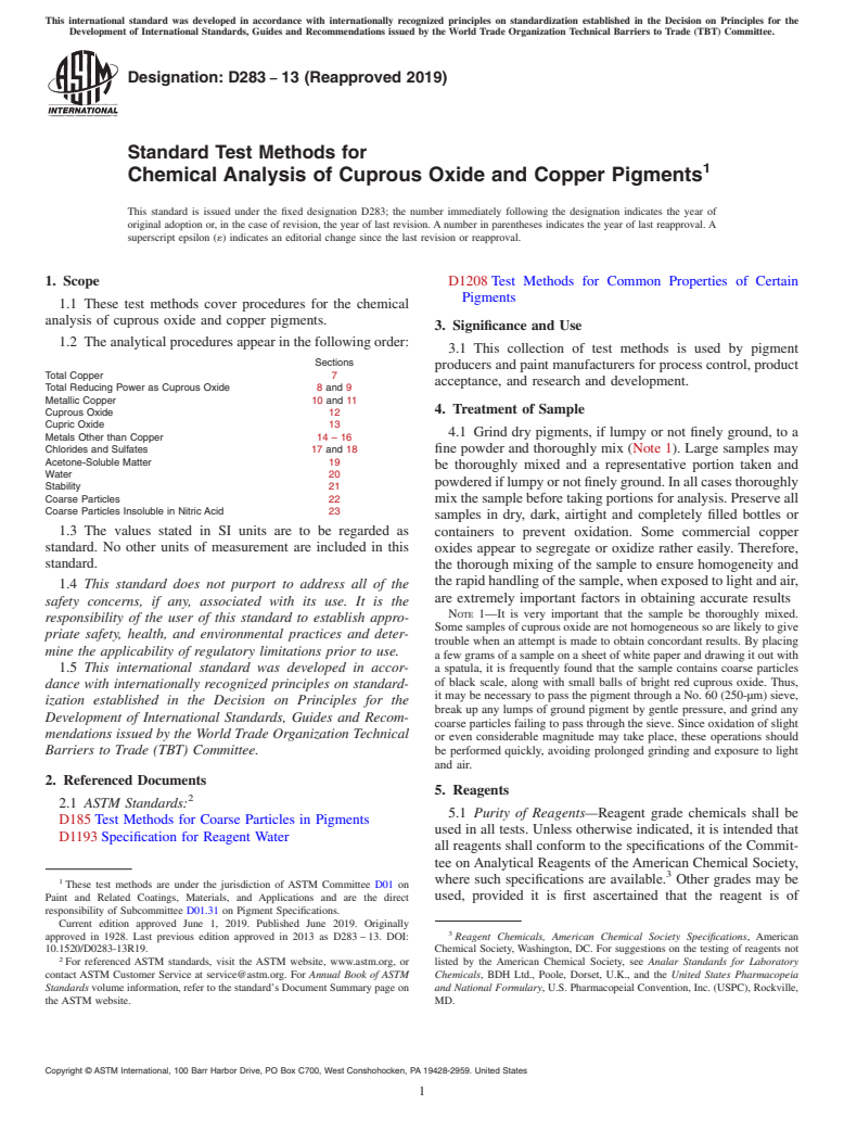 ASTM D283-13(2019) - Standard Test Methods for Chemical Analysis of Cuprous Oxide and Copper Pigments